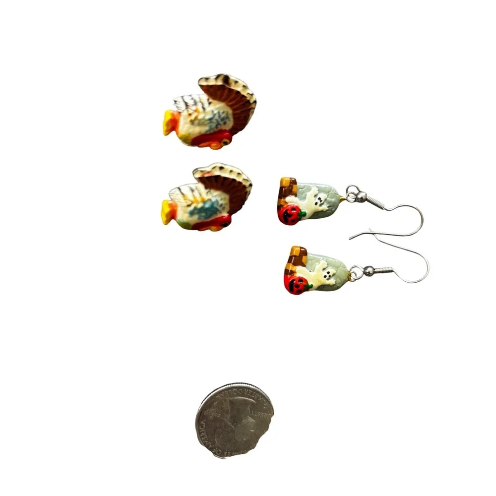 Vintage Earrings Set Multicolor Halloween Ghost Thanksgiving Turkey Holiday